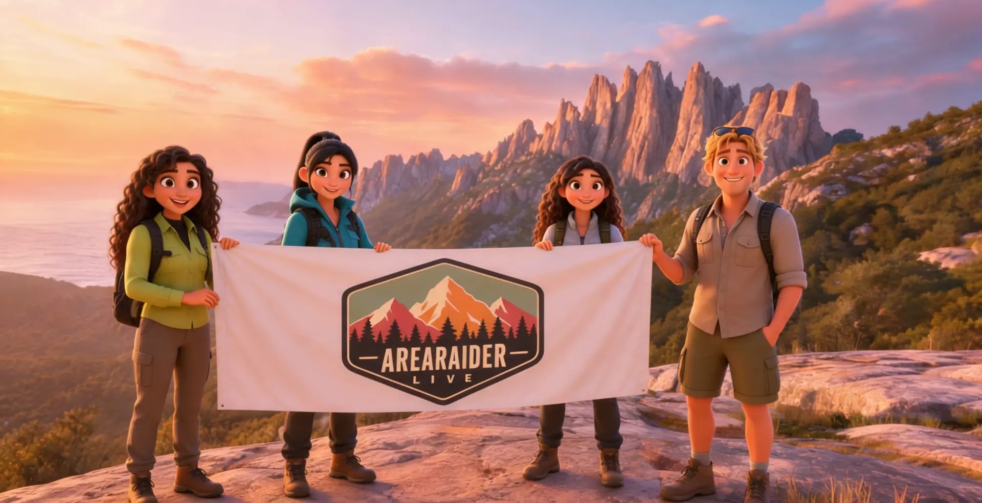 Vega, Rin, Sol y Kai, los periodistas virtuales de AreaRaider Live, con la pancarta del equipo en una cima al atardecer