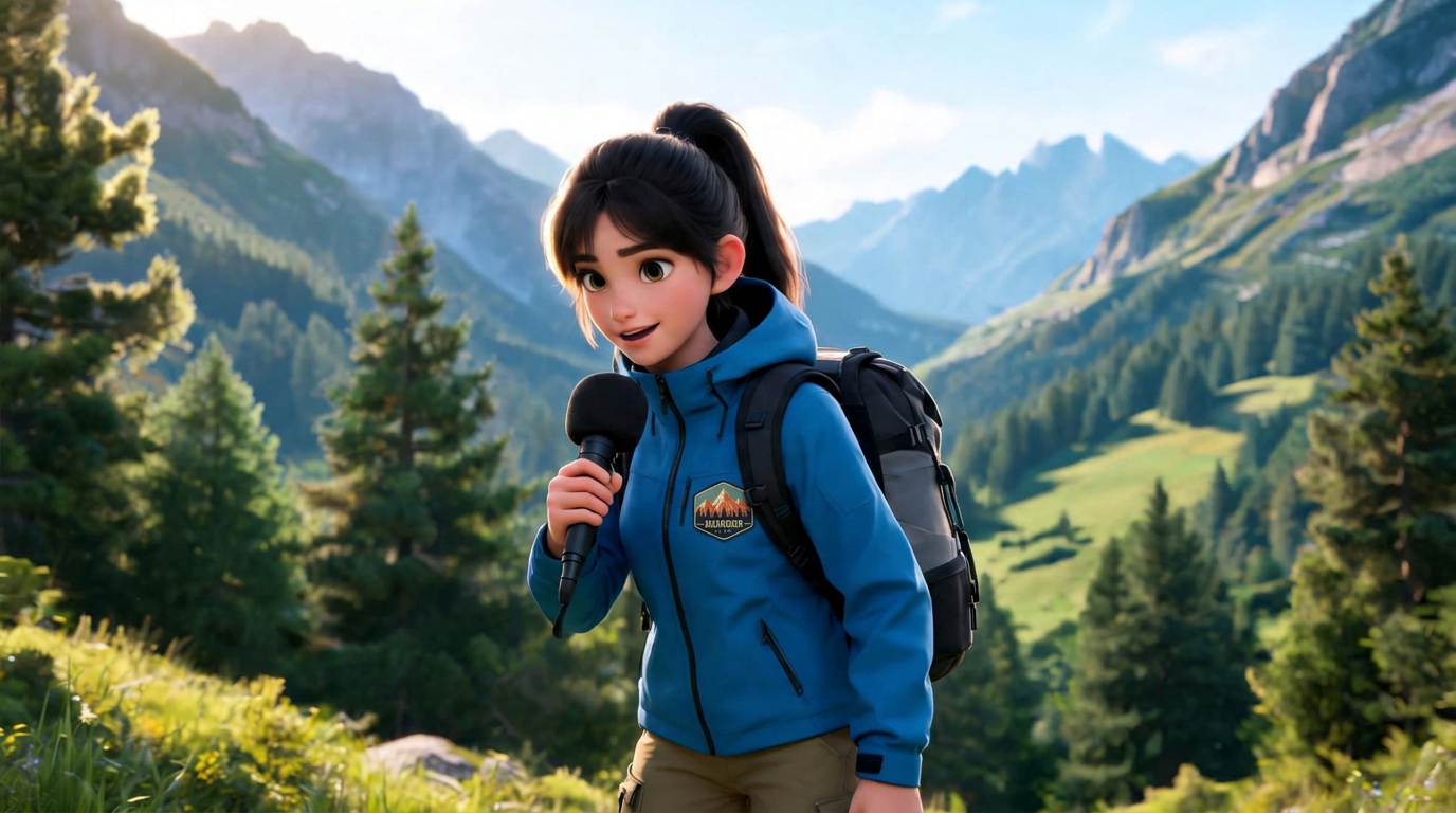 Kira, reportera juvenil con coleta y chaqueta azul, micrófono en mano, en un bosque alpino