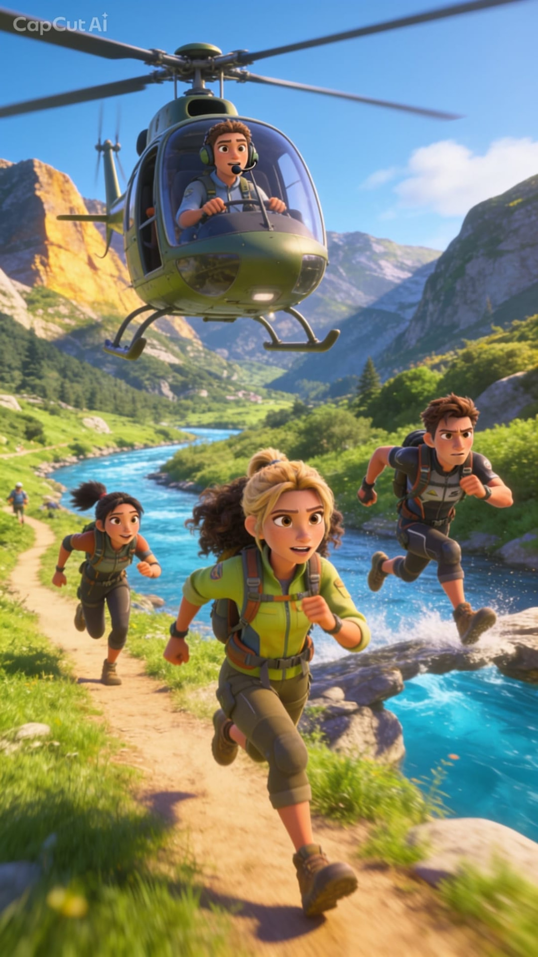Equipo de aventura corriendo junto al río mientras un helicóptero sigue la carrera