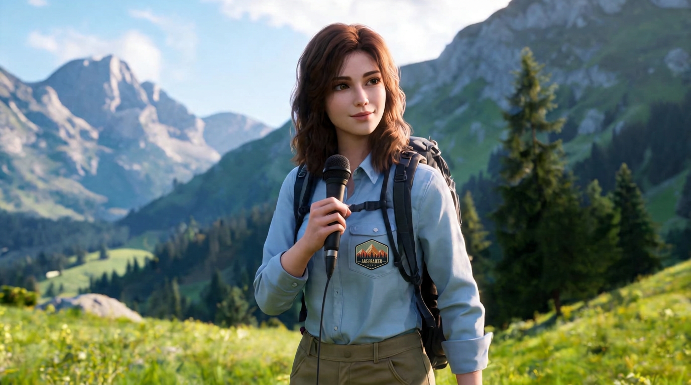 Mila, reportera juvenil de pelo castaño con camisa azul clara y micrófono en un prado de montaña